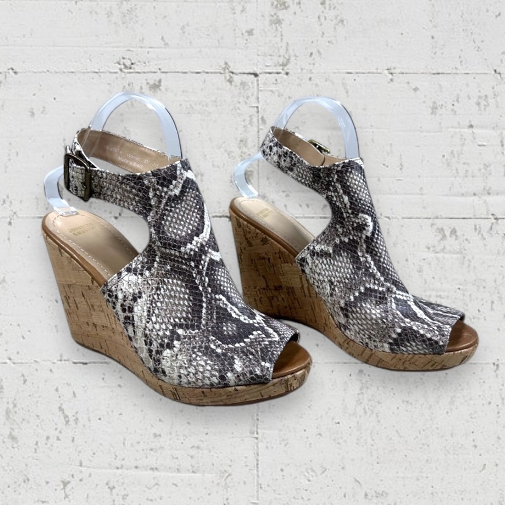 Johnston & Murphy Snakeskin Peeptoe Cork Wedges